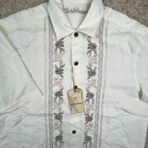 Caribbean Short Sleeve Button Up Shirt Ivory NWT Floral Rayon Blend Soft Men